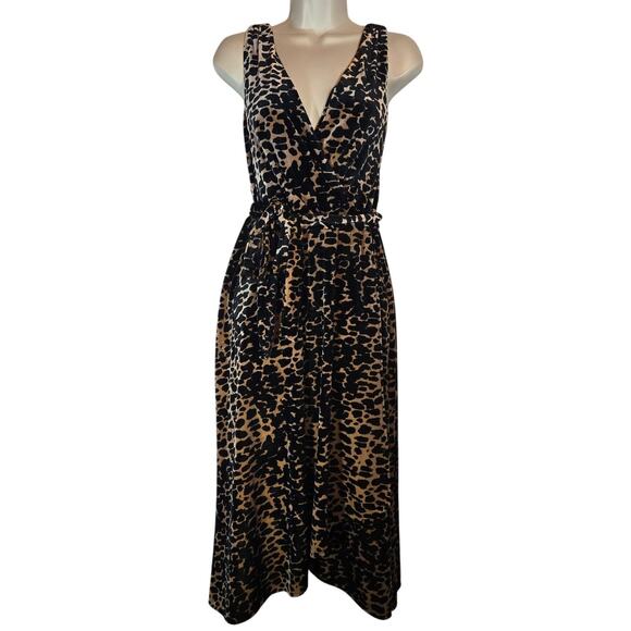 DKNY Velvet Leopard Animal Print Faux Wrap Dress 10 Midi Office Career Saucy Mob - Picture 1 of 11